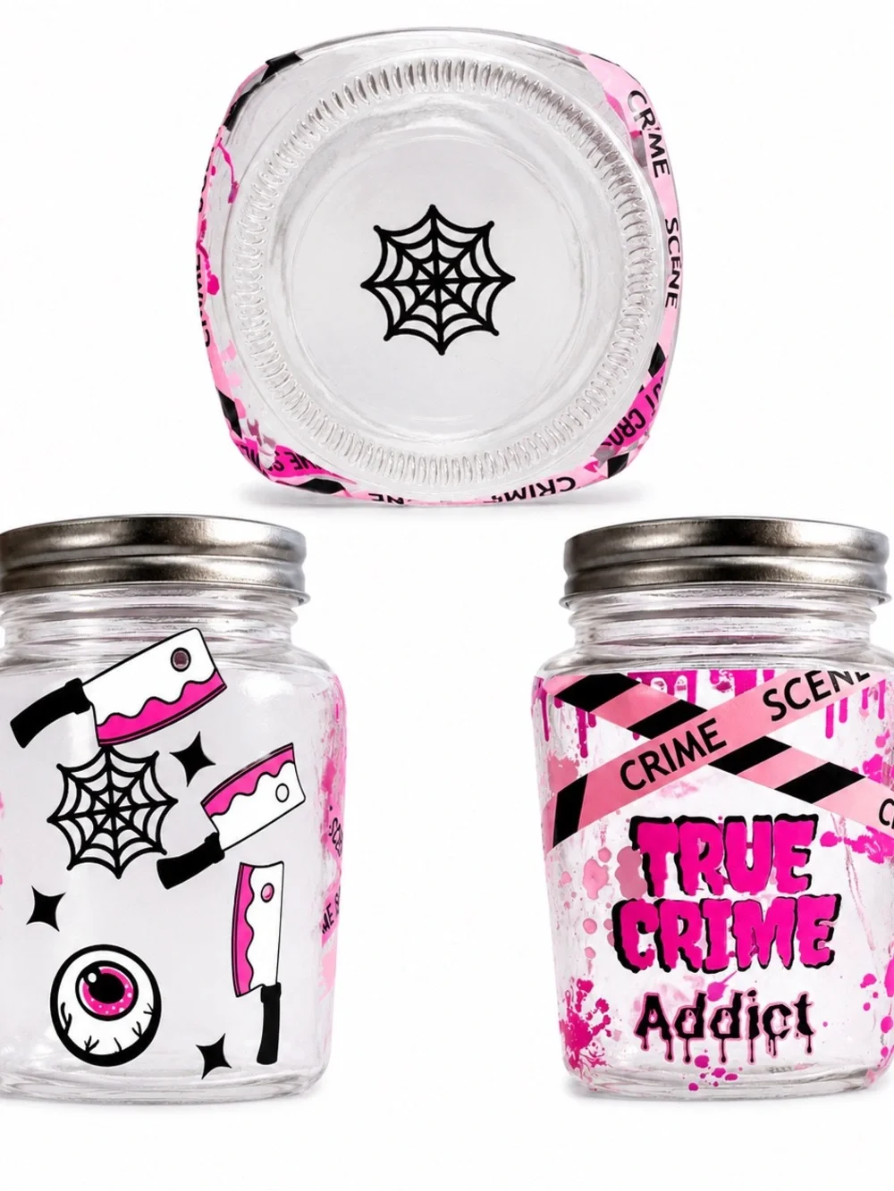 True Crime Addict Pink Graphic Glass Jar